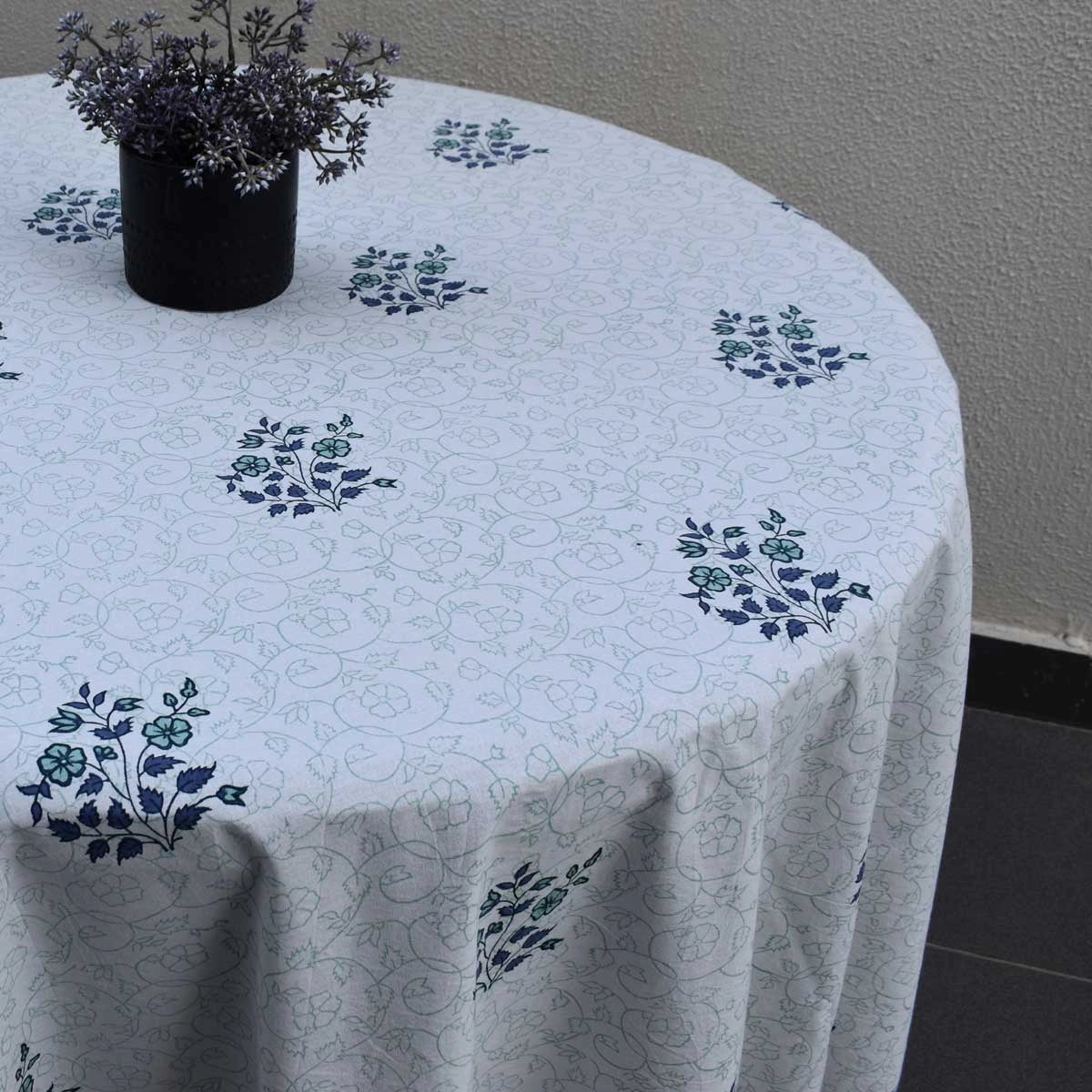 Natural Dye Hand Block Round Tablecloth For Dining | Floral Kali Blue Boota 309470
