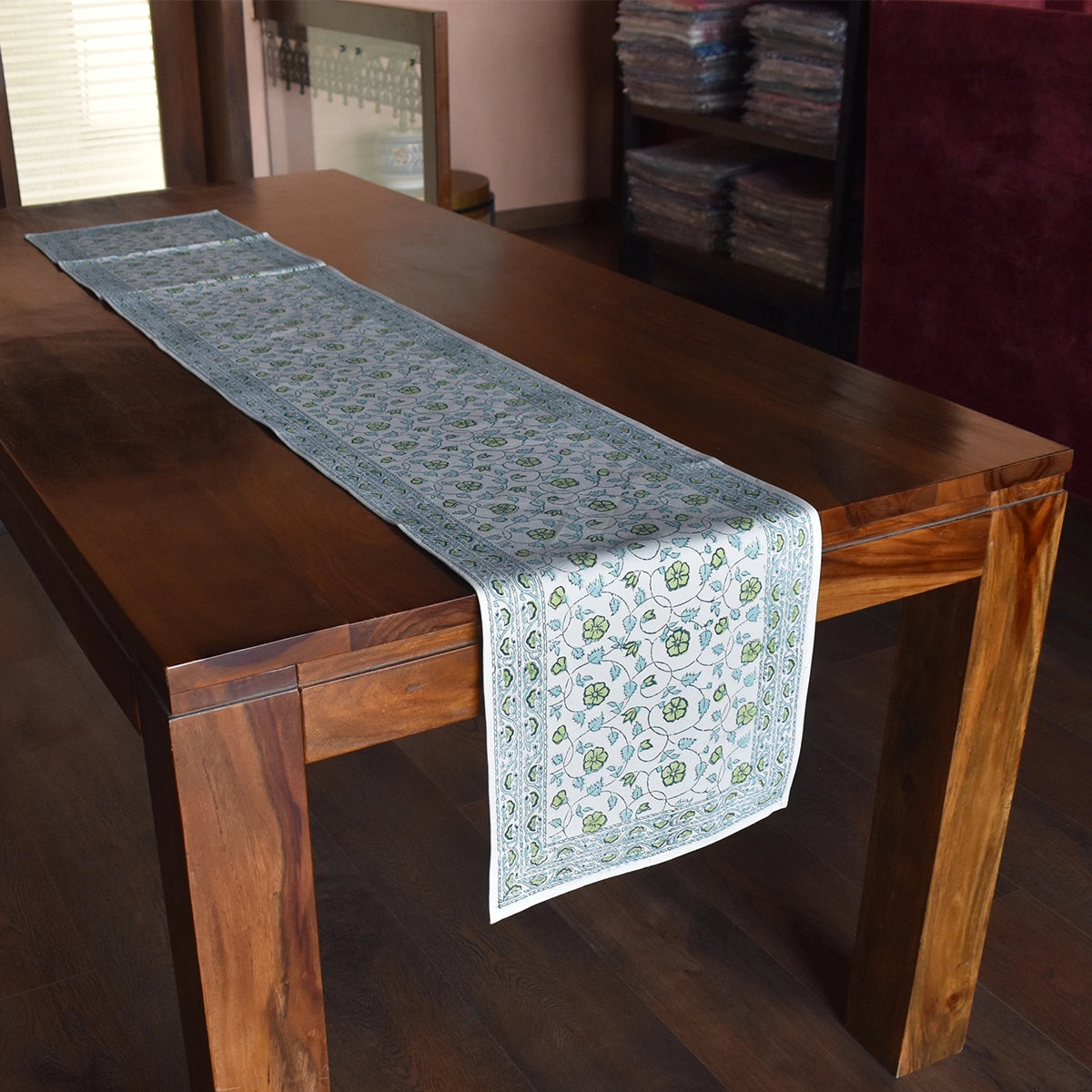 Handcrafted Jaipuri Runner For Sideboard Floral Kali Green