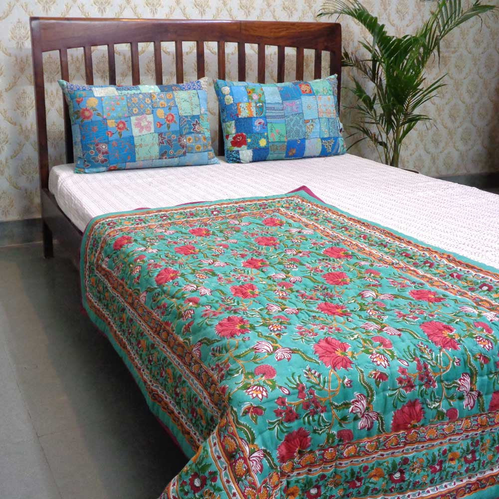 Reversible Printed Baby Cotton Blanket  | Flower Blossom Jade 104415