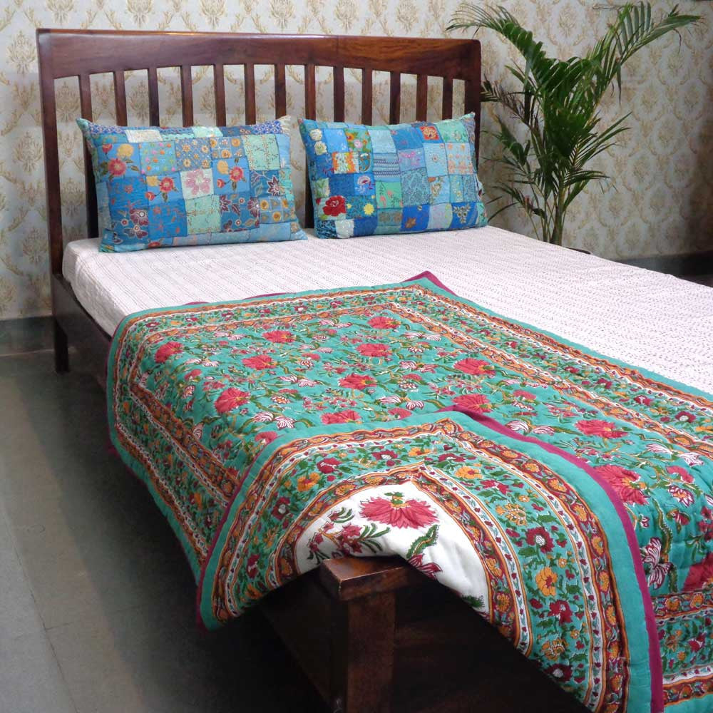 Reversible Printed Baby Cotton Blanket  | Flower Blossom Jade 104415