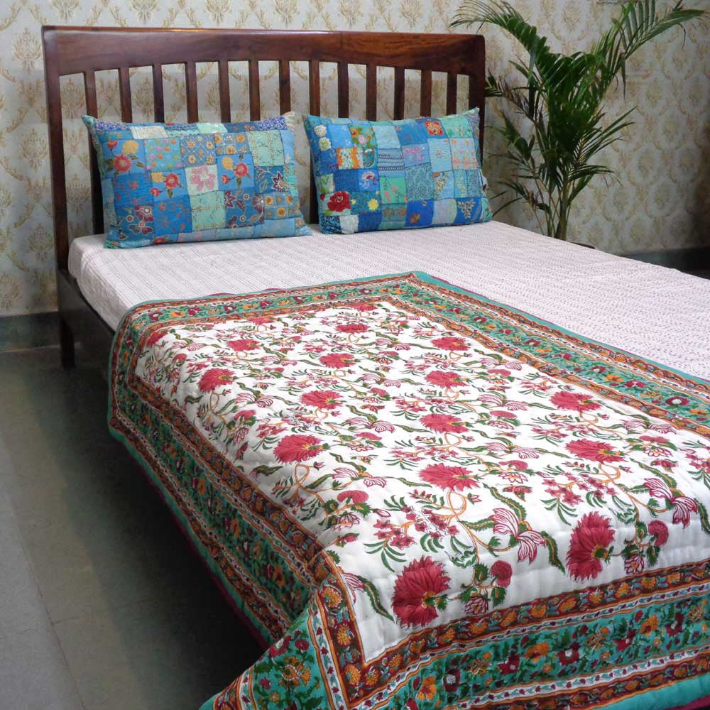Reversible Printed Baby Cotton Blanket  | Flower Blossom Jade 104415