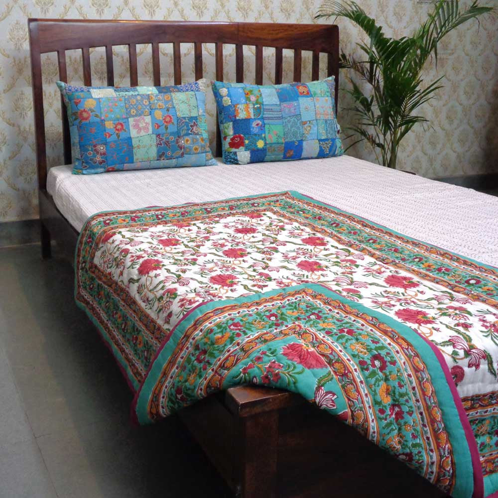 Reversible Printed Baby Cotton Blanket  | Flower Blossom Jade 104415