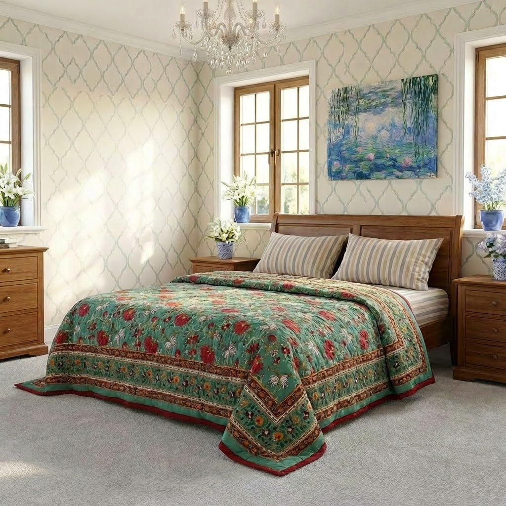 A green floral quilted comforter set on a wooden bed in a beautifully decorated bedroom with patterned wallpaper, wooden furniture, and a painting on the wall.