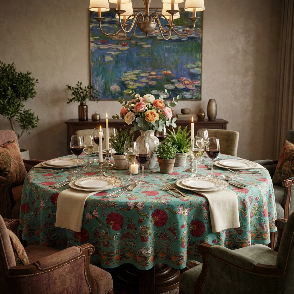A round dining table set for six in a warmly lit dining room. The table is covered with a turquoise floral tablecloth featuring red and pink flowers, accompanied by white plates, folded cream napkins, wine glasses, and a central floral arrangement with candles.