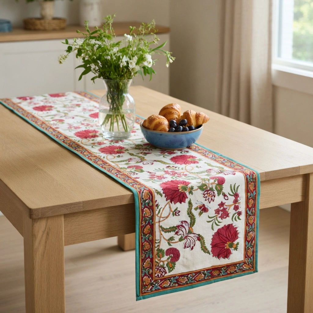 A floral table runner with a turquoise border is styled on a light wood dining table, alongside a glass vase of white flowers and a blue bowl of pastries, in a bright, modern room.