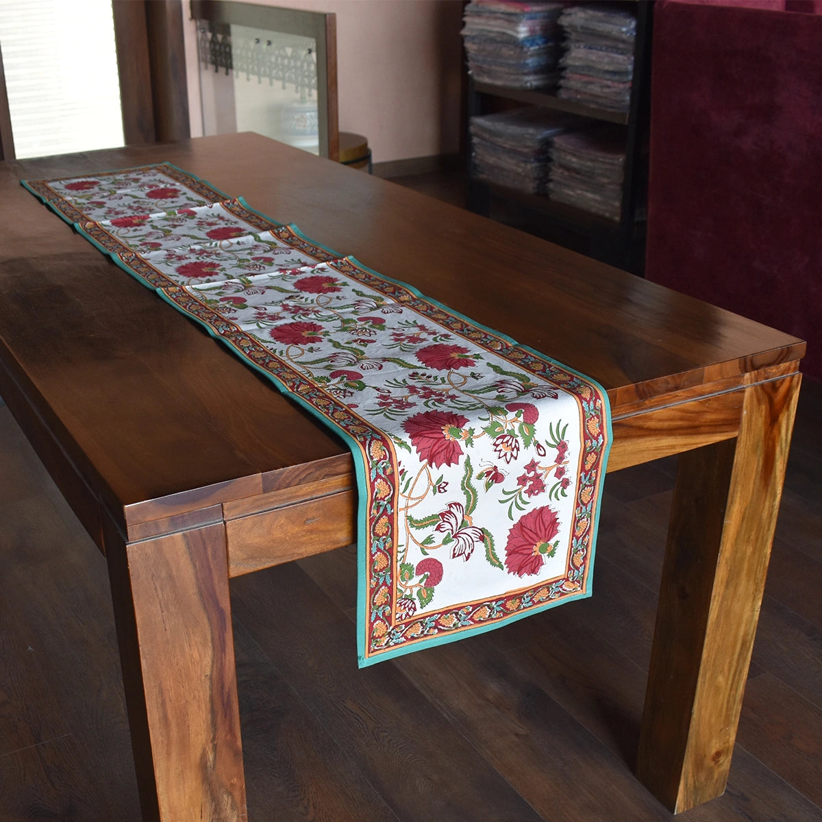 Durable Cotton Canvas Runner For Everyday Use | Flower Blossom Jade Open 109122