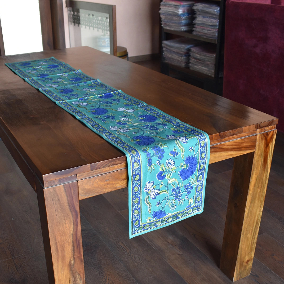 Traditional Indian Block Print Table Runner | Flower Blossom Sea Green Gud 106040