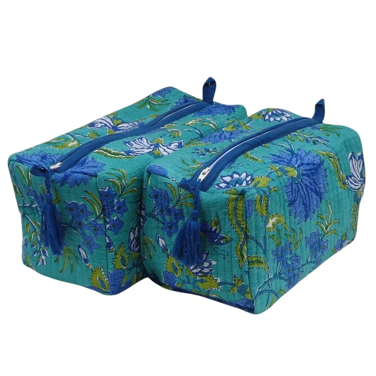 Two quilted fabric zippered storage bags with a blue and green floral print, shown on a plain white background.