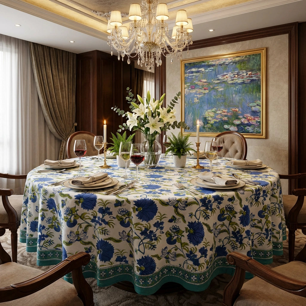 Banquet Round Tablecloth Flower Blossom Sea Green Open