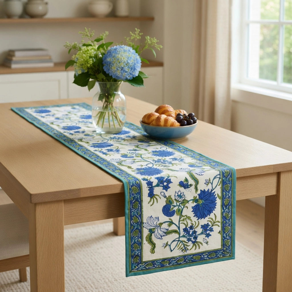 A rectangular table runner with a blue and green floral pattern on a cream background, styled on a light wood dining table with a vase of flowers and a bowl of fruit in a bright room.