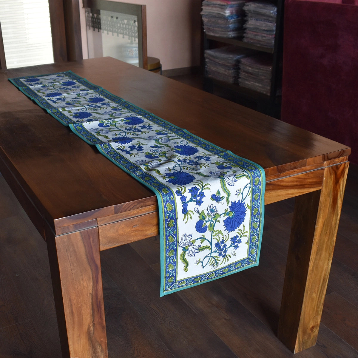 Short Table Runner For Console Tables Flower Blossom Sea Green Open