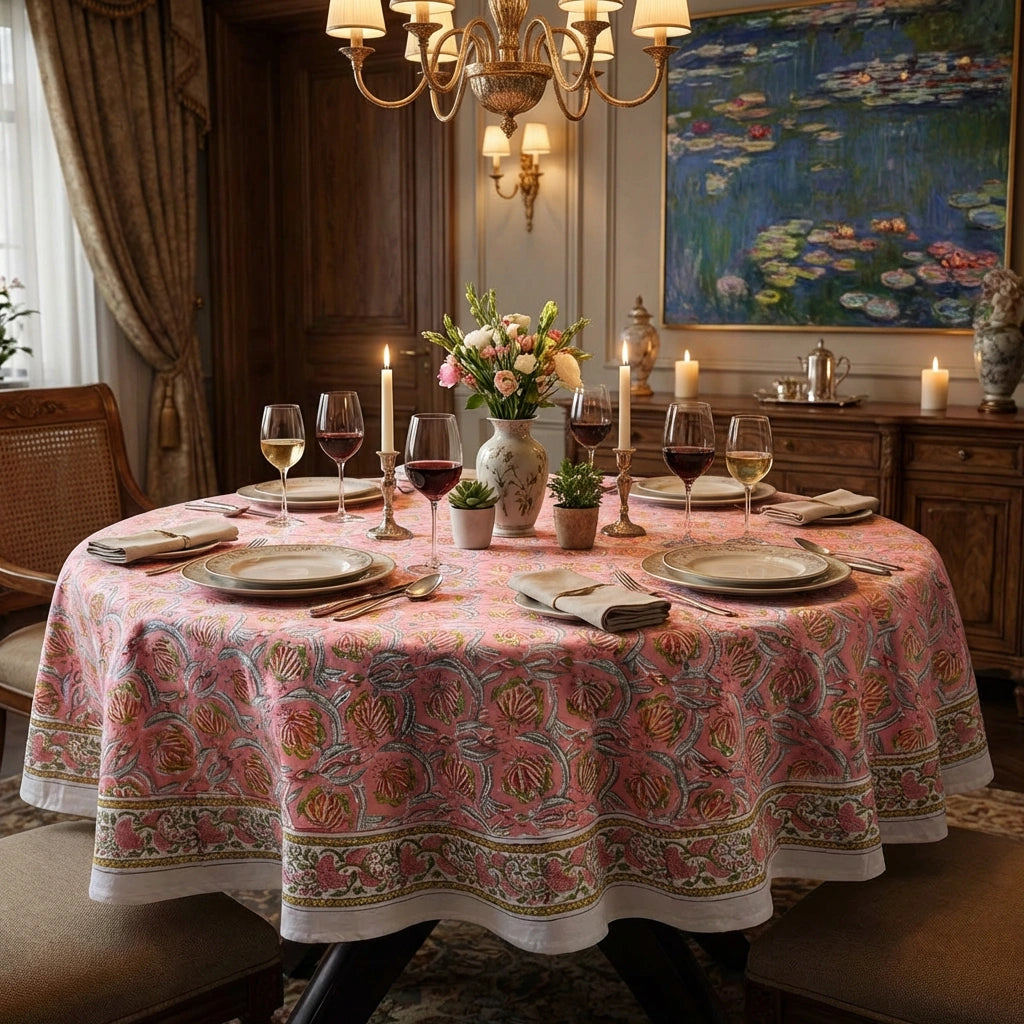 A round dining table set for six with a pink and gold patterned tablecloth, plates, wine glasses, candles, and a floral centerpiece in a richly decorated dining room.