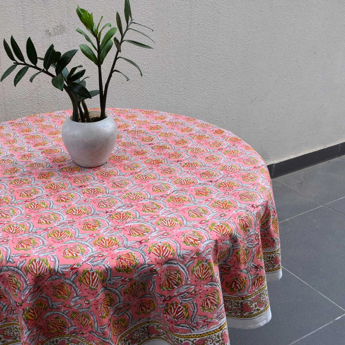 Frost Pink Floral Round Tablecloth for 4 Seater