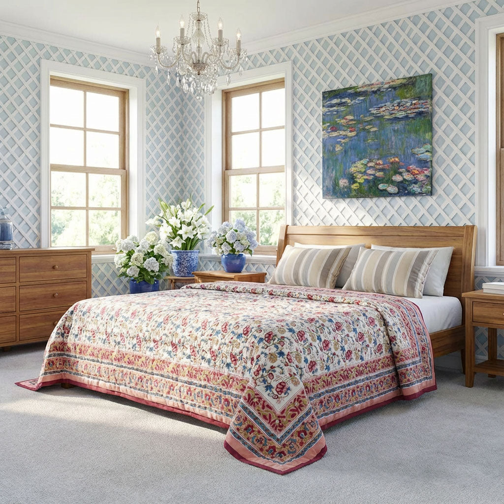A beautifully styled bedroom featuring a wooden bed dressed in a detailed, multicolored Persian-style quilt. The room has light blue patterned wallpaper, a matching chandelier, and a painting of water lilies on the wall.