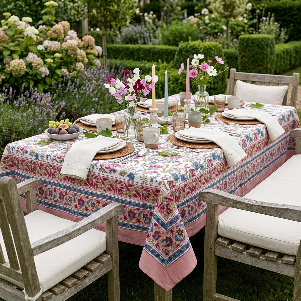 A rectangular outdoor dining table set with a pink and multicolor floral tablecloth, white napkins, plates, candles, and flower arrangements, surrounded by wooden chairs in a lush garden setting.