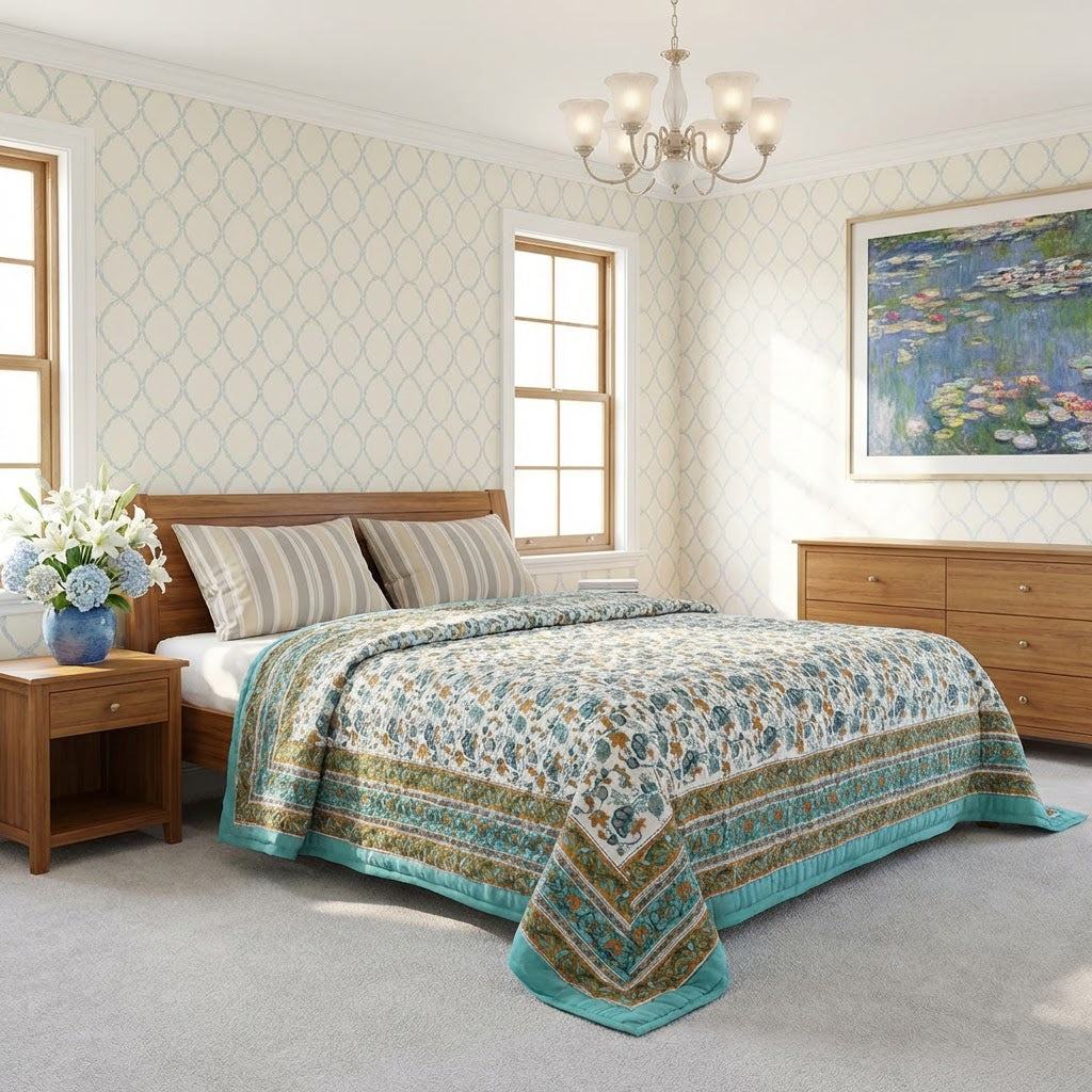 A beautifully styled bedroom featuring a bed with a teal and cream floral patterned quilt, striped pillows, a wooden headboard, matching wooden nightstand and dresser, and a large framed water lily painting on the wall.