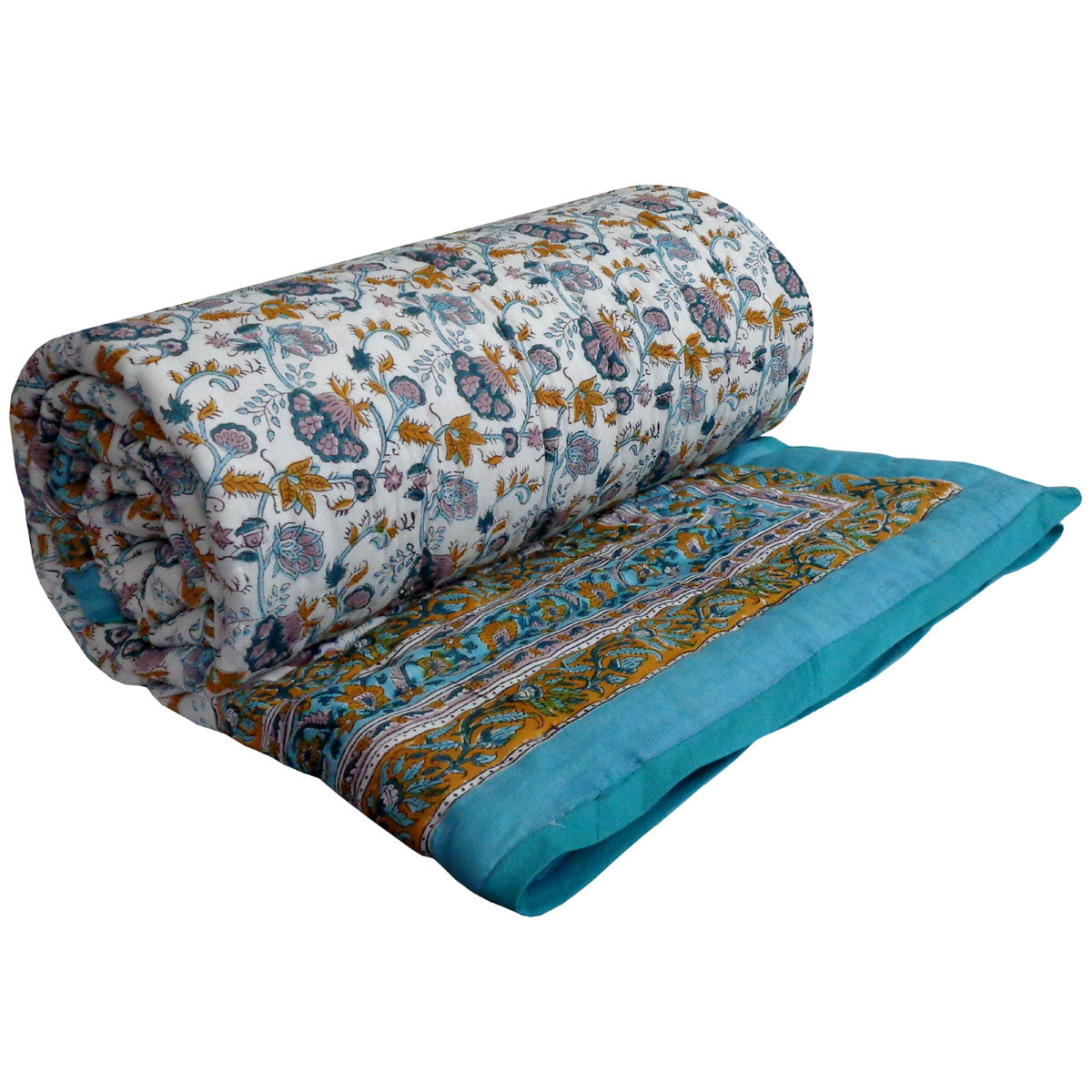A rolled and partially unrolled quilted blanket featuring a white base with a blue, orange, and yellow floral pattern on one side, and a solid turquoise blue border with embroidered detailing on the other.