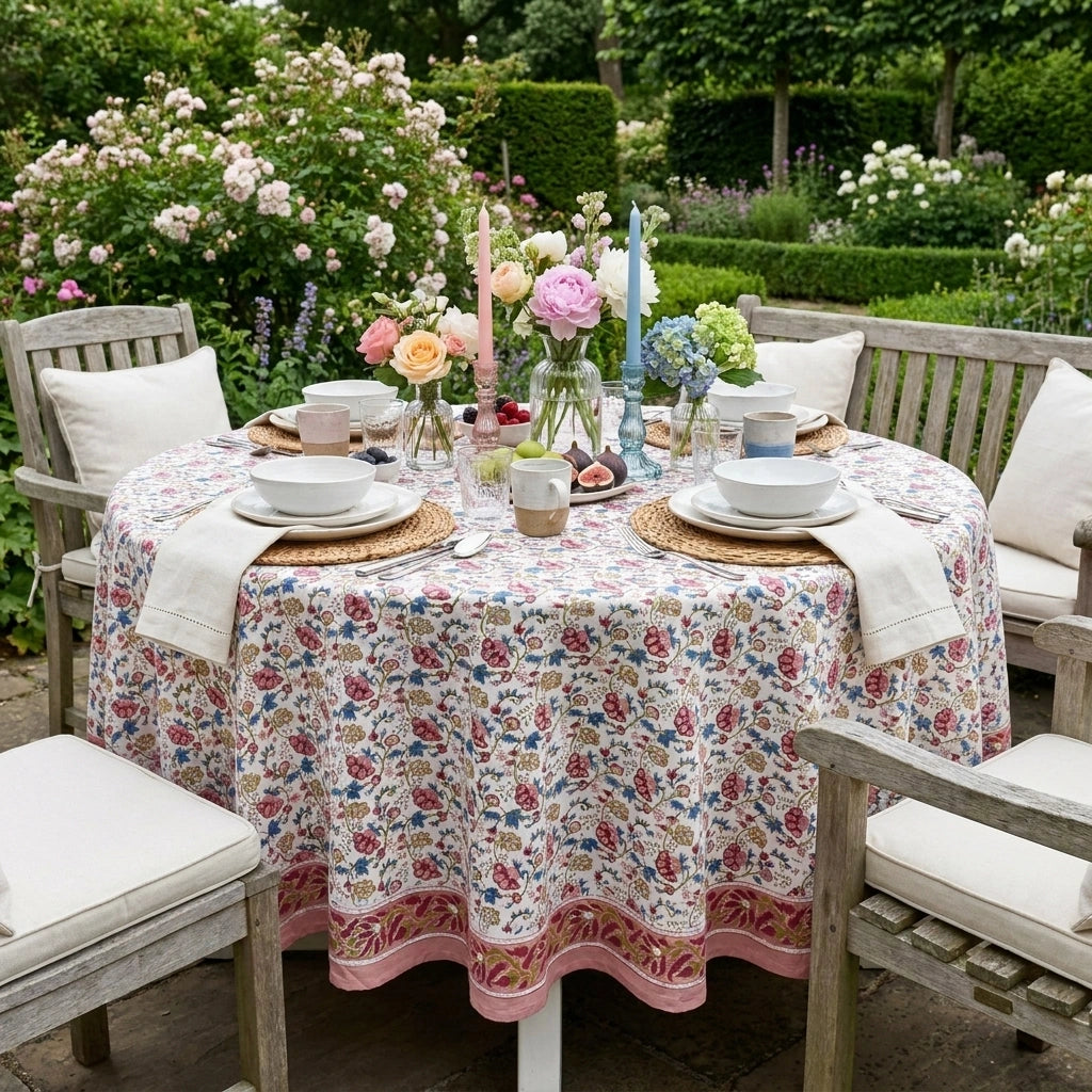 A round outdoor dining table covered with a floral tablecloth, surrounded by wooden garden chairs with white cushions. The table is set with white bowls, plates, folded napkins, and several flower arrangements in glass vases, with a lush garden background.