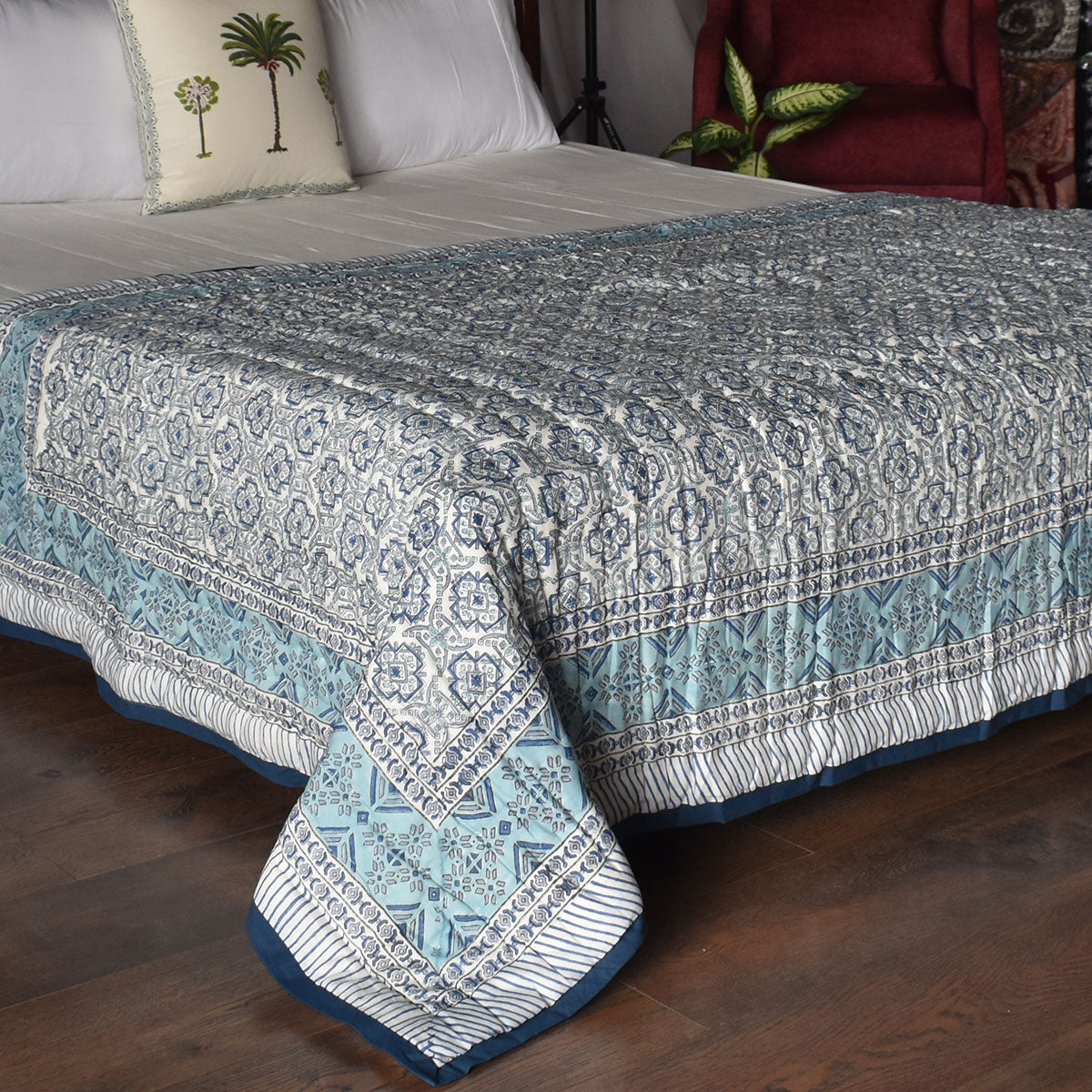 Jaipuri Razai Single Bed | Geo Cross Blue 906779