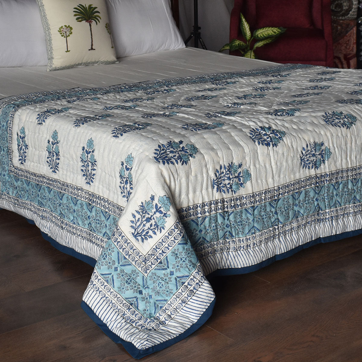 Jaipuri Razai Single Bed | Geo Cross Blue 906779