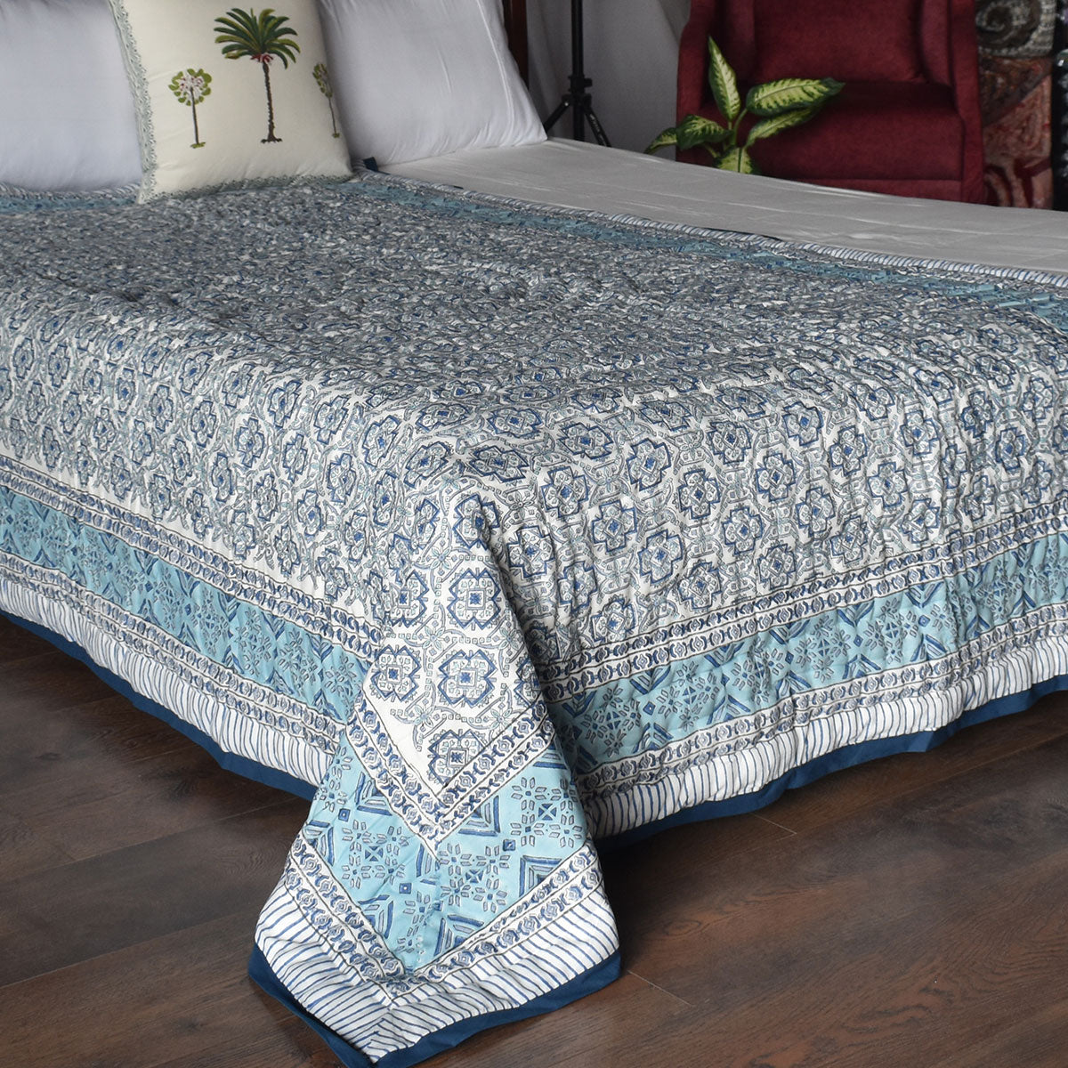 Jaipuri Razai Single Bed | Geo Cross Blue 906779