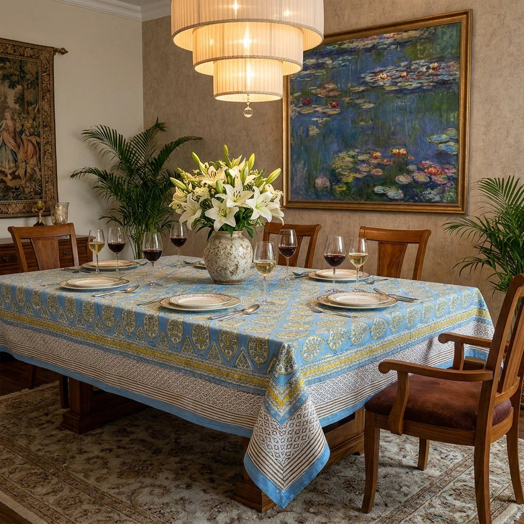 Fine Cotton Long Table Cover | Gola Patti Aqua 202301