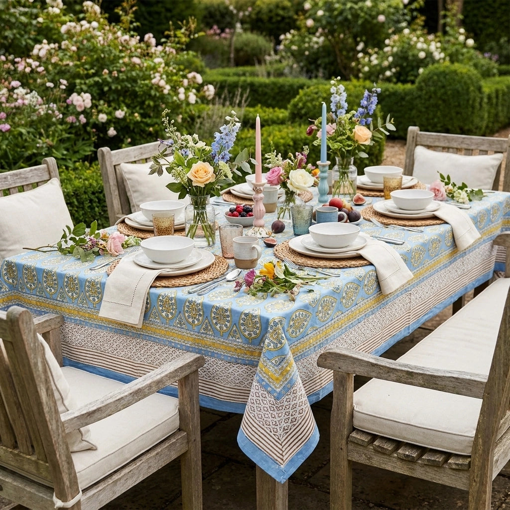 Fine Cotton Long Table Cover | Gola Patti Aqua 202301