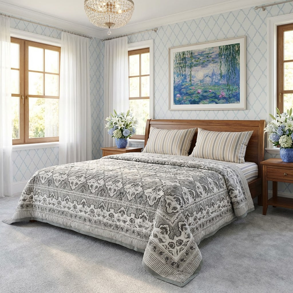 A neatly made bed in a bright, styled bedroom featuring a gray and white patterned quilt and matching striped pillows. The room has light blue patterned wallpaper, wooden windows with white curtains, bedside tables with flowers, and a framed landscape painting on the wall.