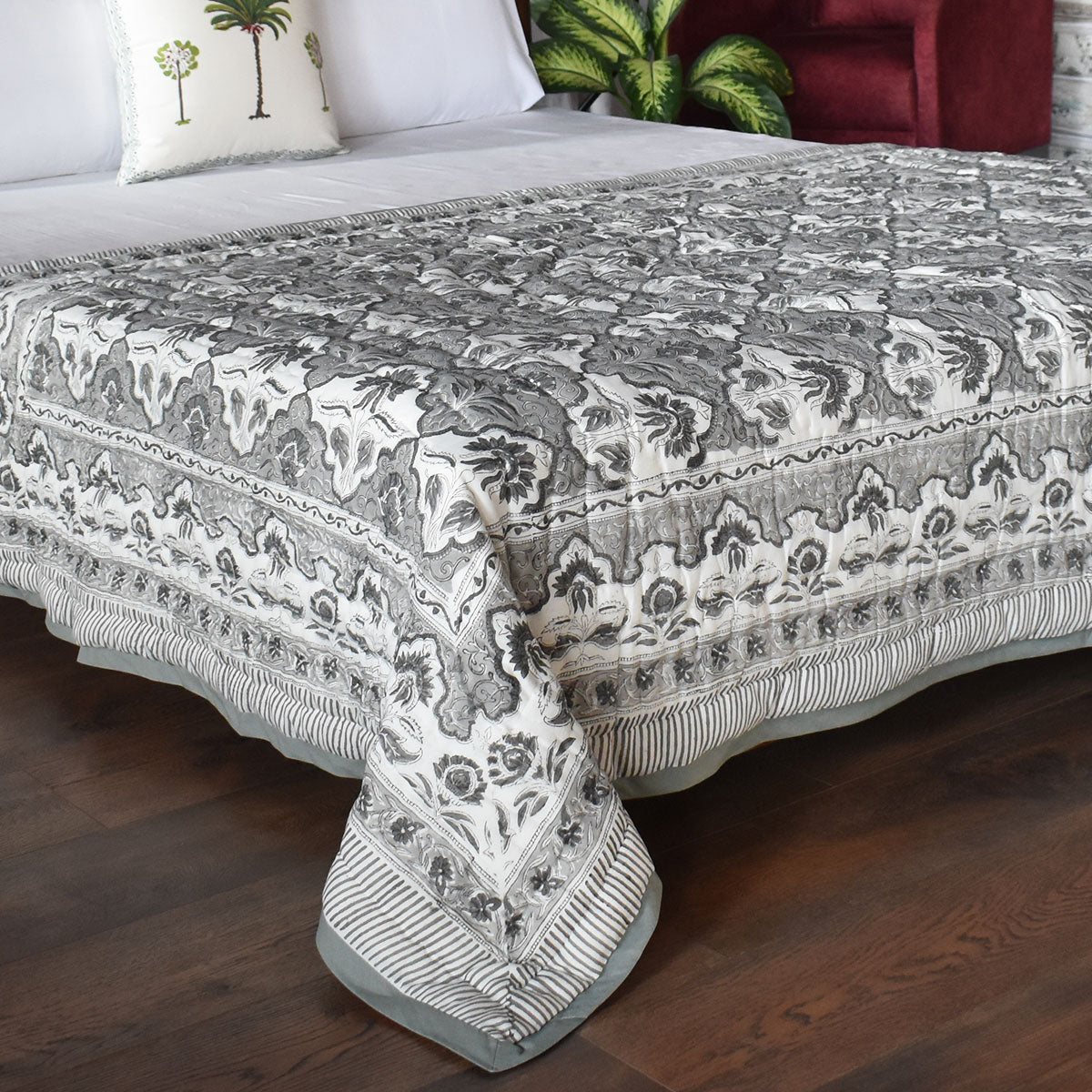 Hand Block Print Quilt Single | Grey Boota Patti 501068