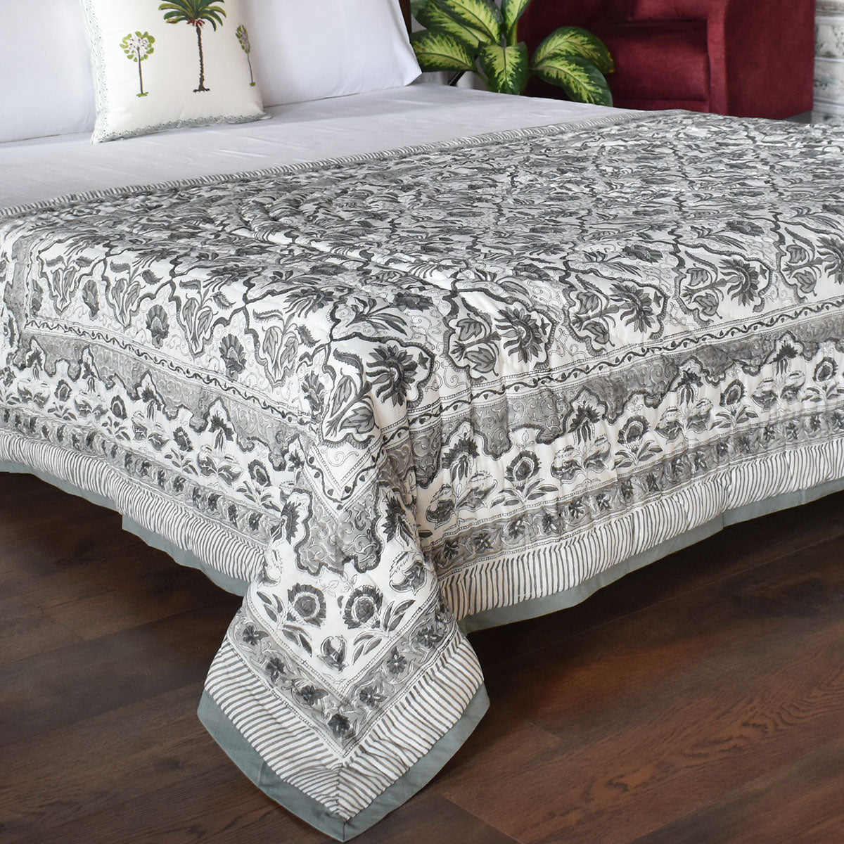 Hand Block Print Quilt Single | Grey Boota Patti 501068