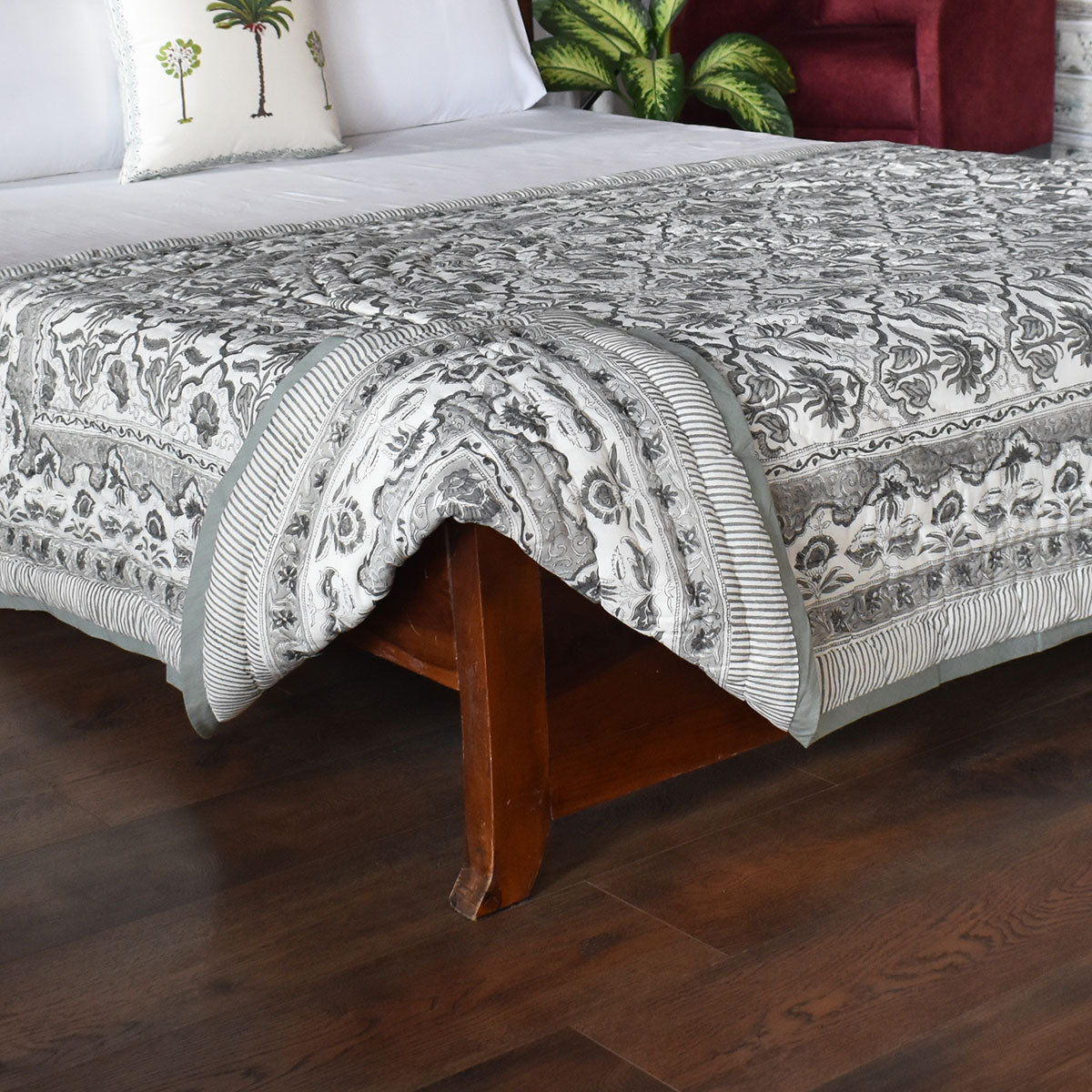 Hand Block Print Quilt Single | Grey Boota Patti 501068