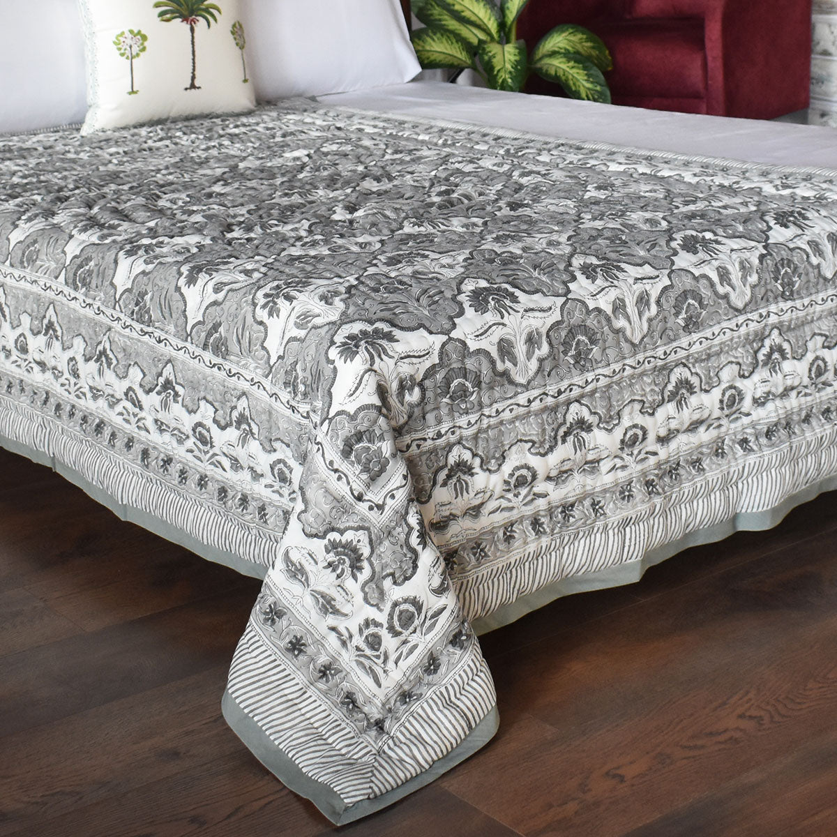 Hand Block Print Quilt Single | Grey Boota Patti 501068