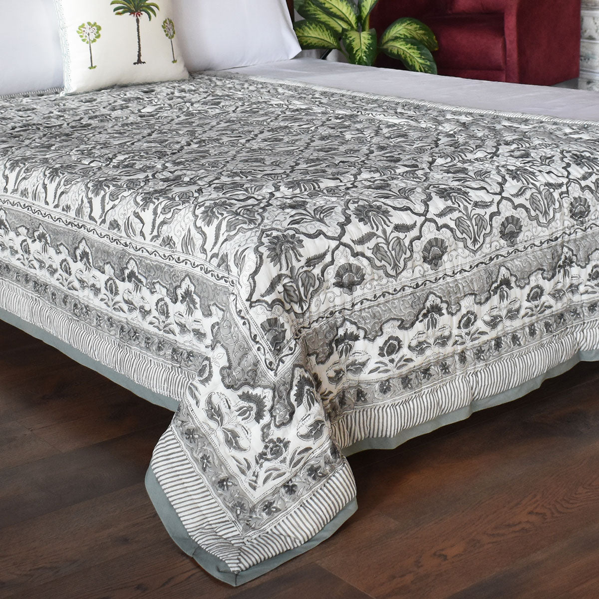 Hand Block Print Quilt Single | Grey Boota Patti 501068