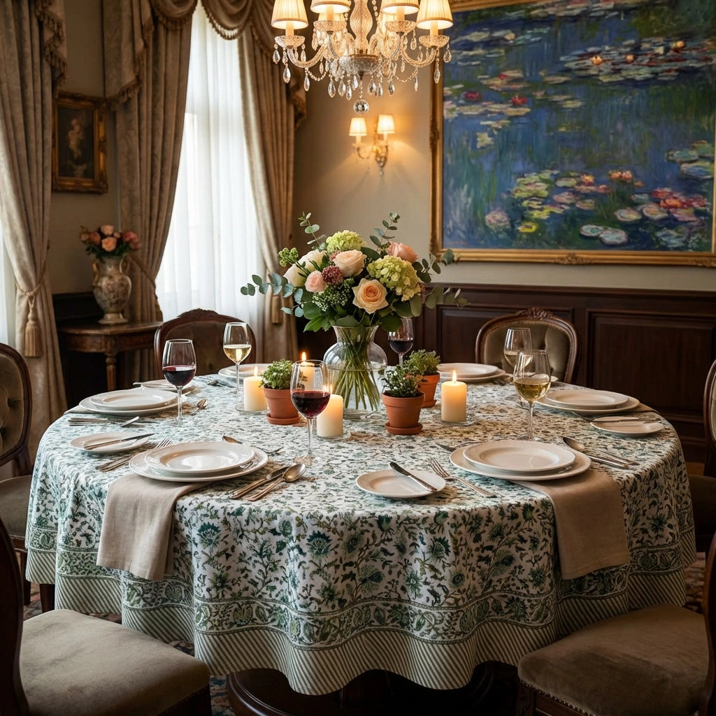 A beautifully set round dining table in an elegant room, featuring a green and beige damask-patterned tablecloth, white plates, wine glasses, candles, and a large floral centerpiece. In the background, a large framed painting of a lily of the sea hangs on the wall under a chandelier.