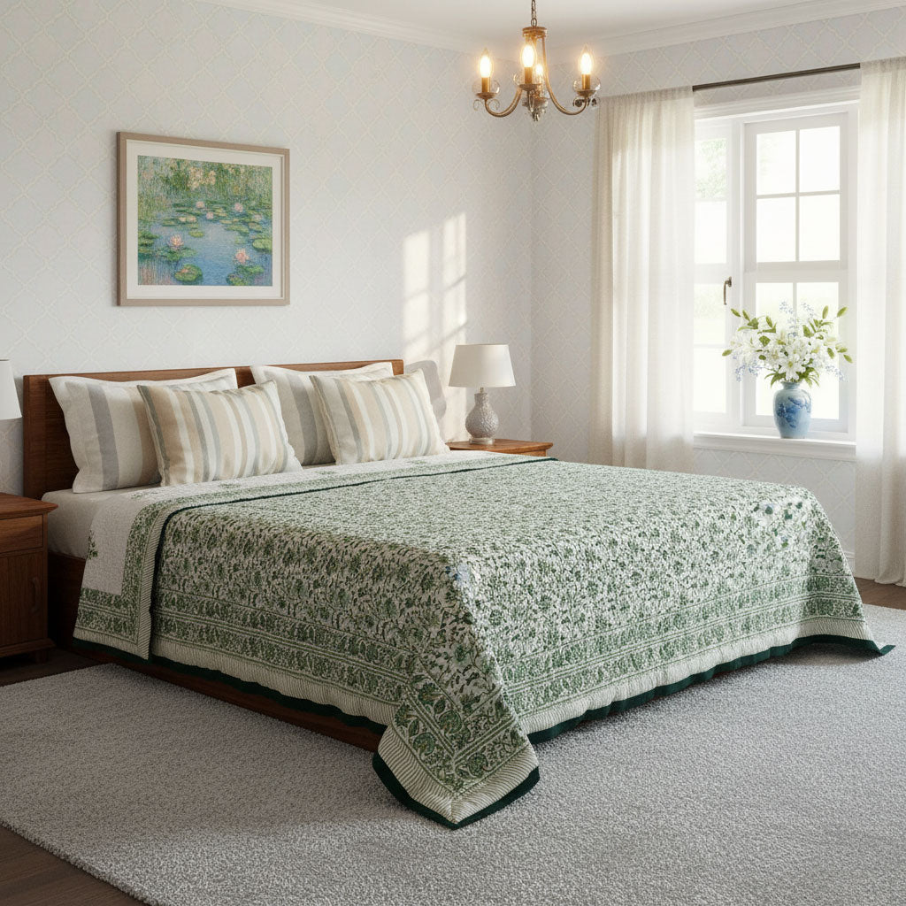Double Bed Hand Block Printed Cotton Quilt | Hari Bagia Jaal 605170