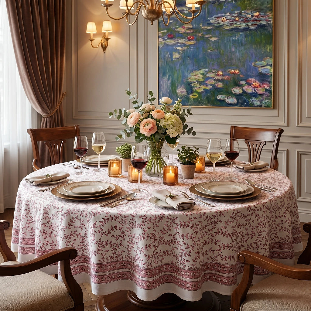A round dining table covered with a pink and white floral tablecloth, set with plates, wine glasses, candles, and a flower bouquet, in a decorated dining room with a large Monet-style water lily painting on the wall.