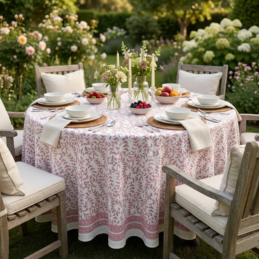 A round outdoor dining table set in a garden with a pink and white floral tablecloth, white plates, cream napkins, woven placemats, candles, and fruit bowls. Wooden garden chairs with cream cushions surround the table, and a lush garden background is visible.