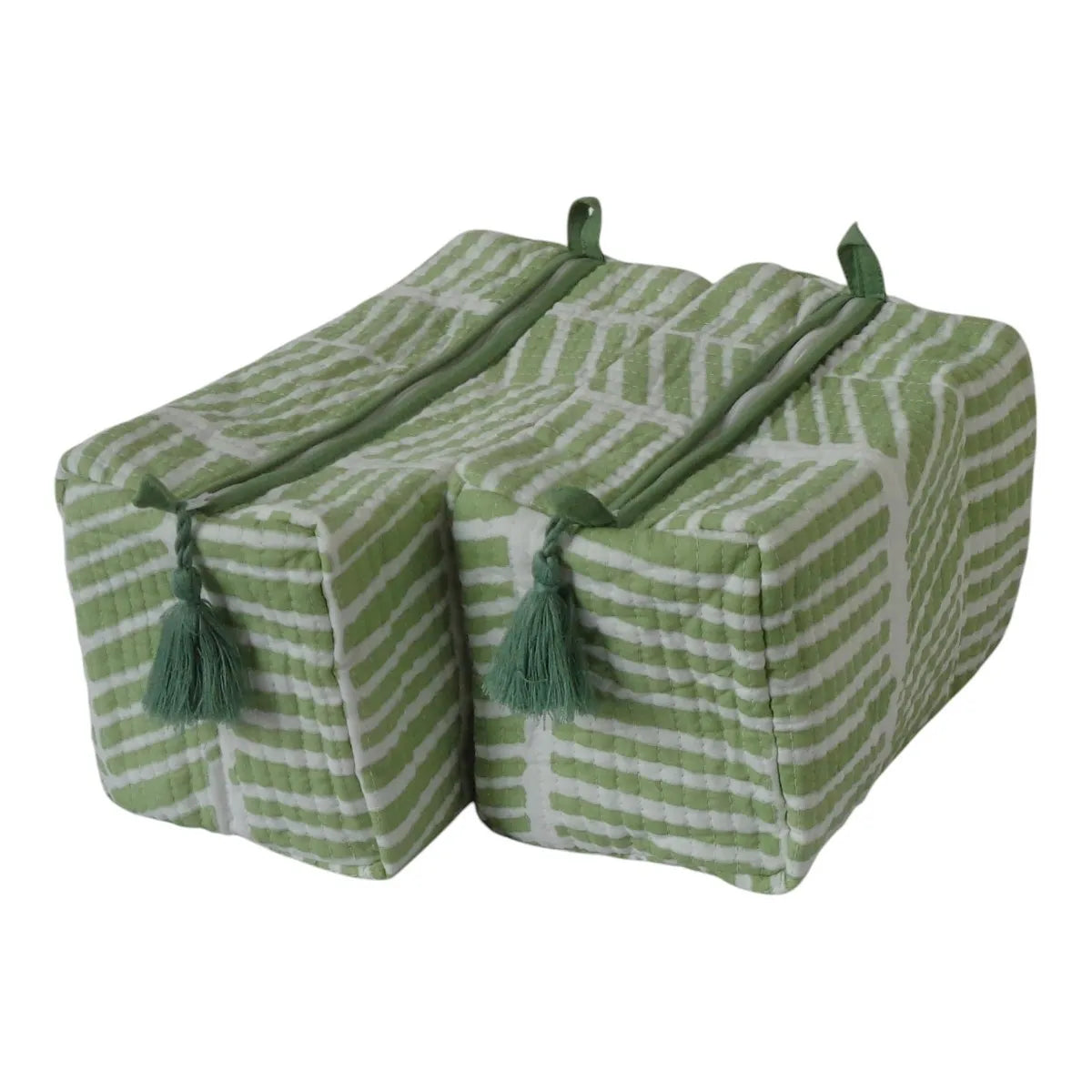 Two rectangular zippered storage bags with a green and white striped pattern and matching green tassels, shown on a plain white background.
