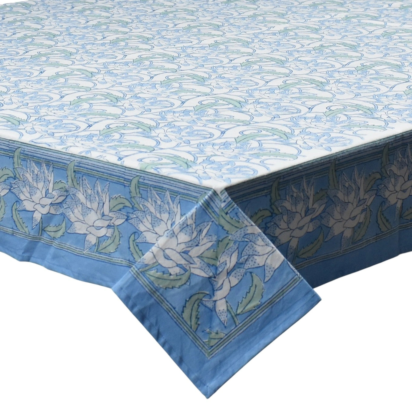60 X 90 Inch Cotton Tablecloth With Ethnic Prints | Japan Lotus Blue Open 202506