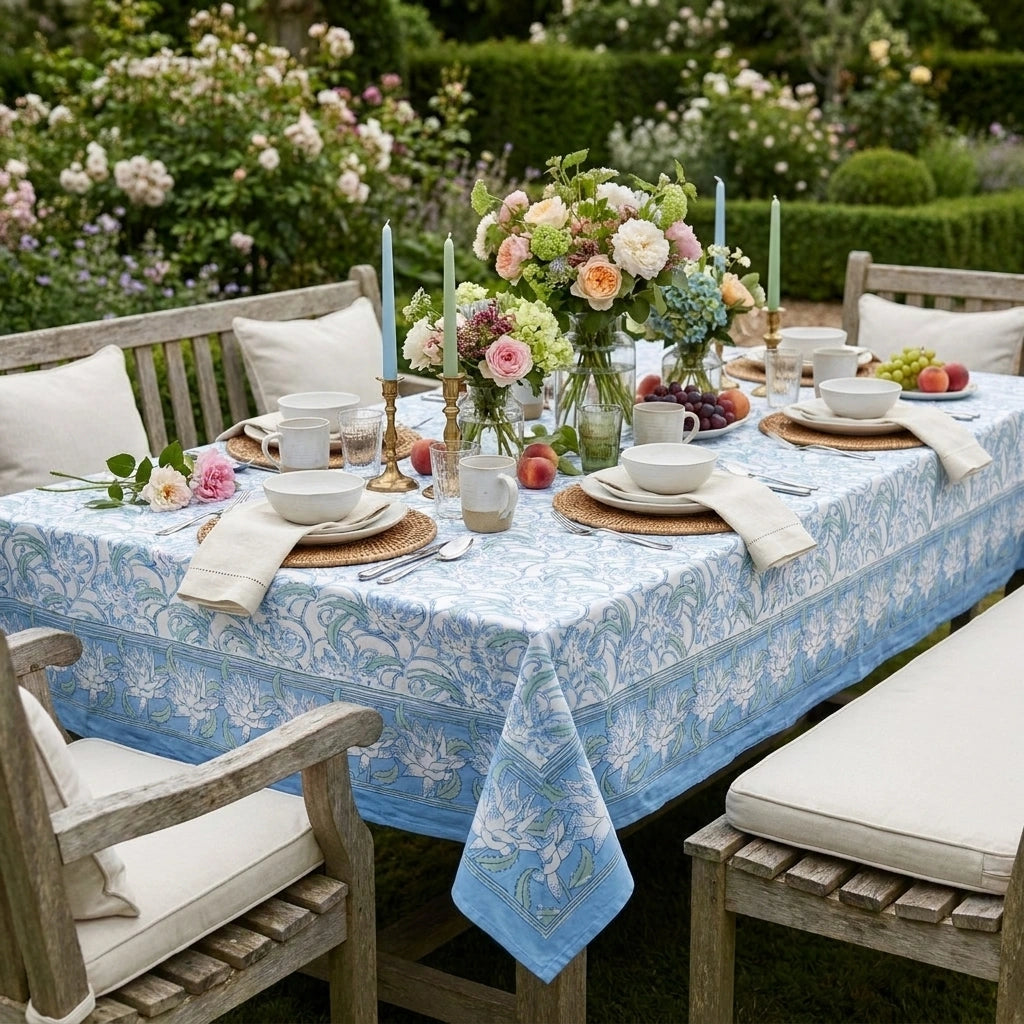 60 X 90 Inch Cotton Tablecloth With Ethnic Prints | Japan Lotus Blue Open 202506