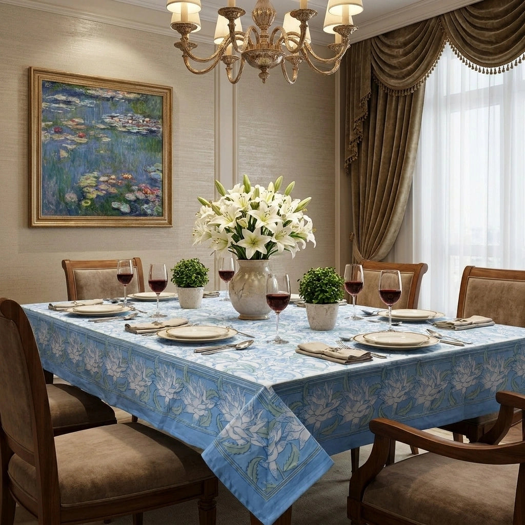 60 X 90 Inch Cotton Tablecloth With Ethnic Prints | Japan Lotus Blue Open 202506