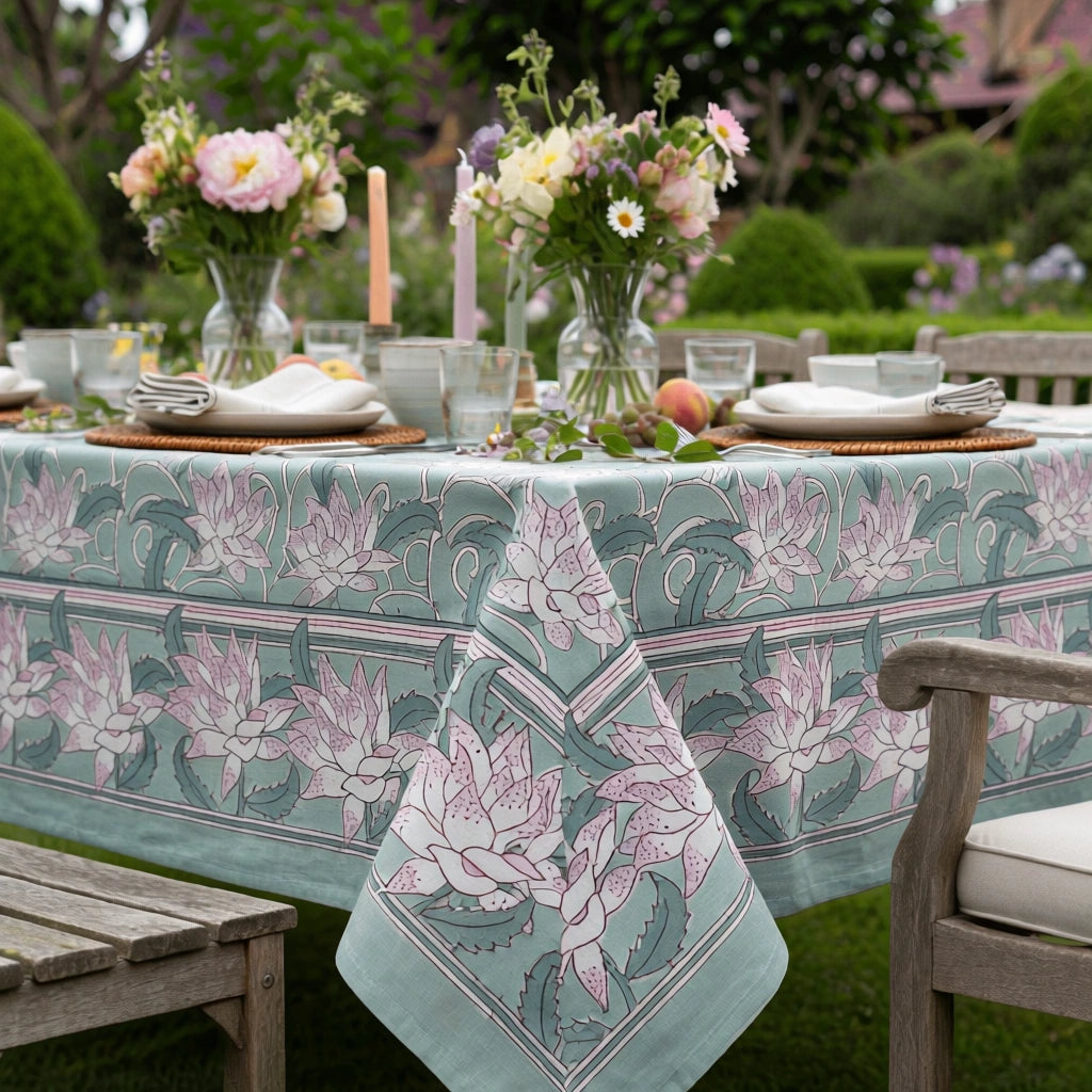 Fine Cotton Reversible Tablecloth For Family Meals | Japan Lotus Green 202501