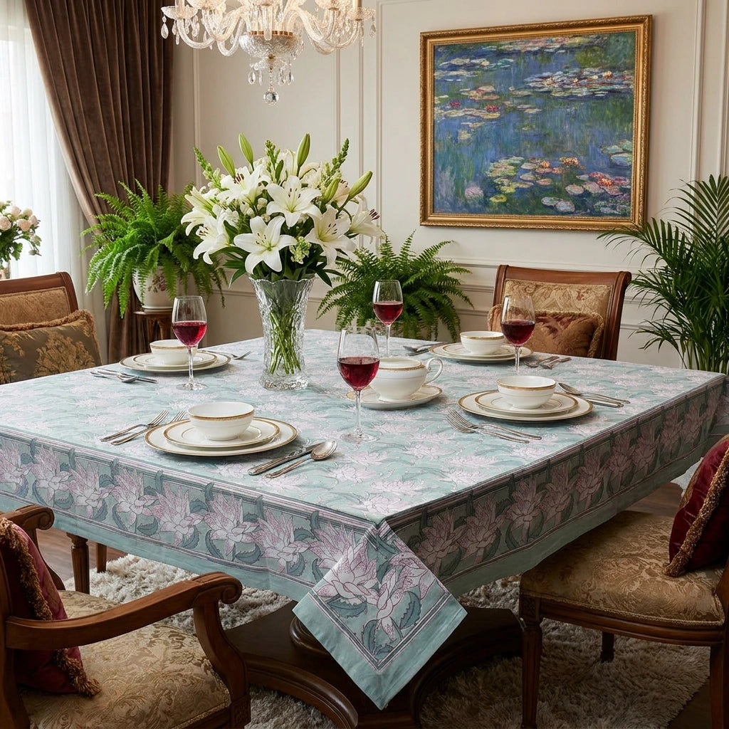 Fine Cotton Reversible Tablecloth For Family Meals | Japan Lotus Green 202501