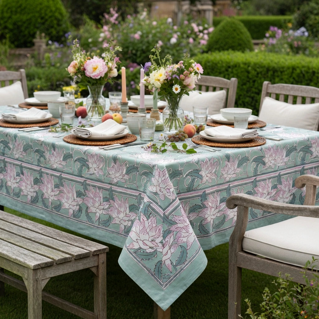 Fine Cotton Reversible Tablecloth For Family Meals | Japan Lotus Green 202501