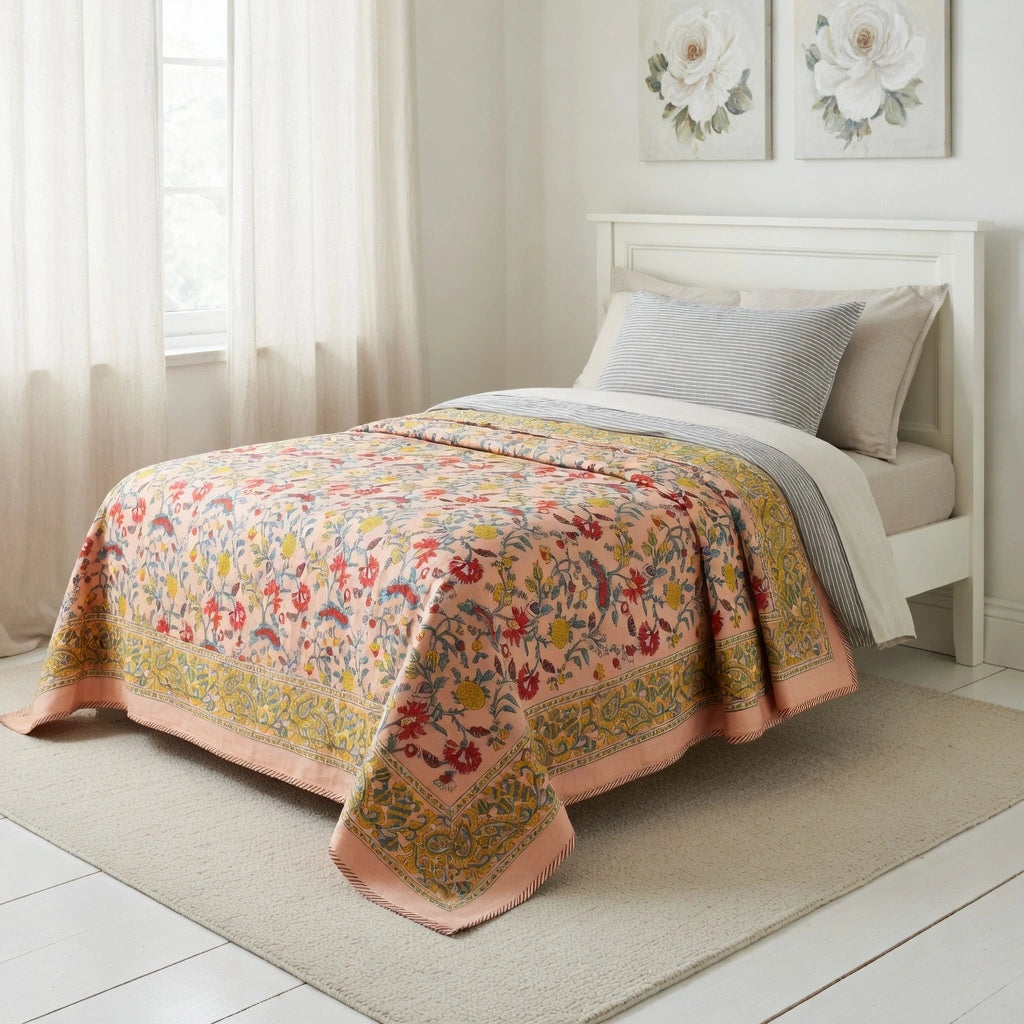 Jaipuri Hand Block Printed  Dohar | Jungle Flower Peach 501074
