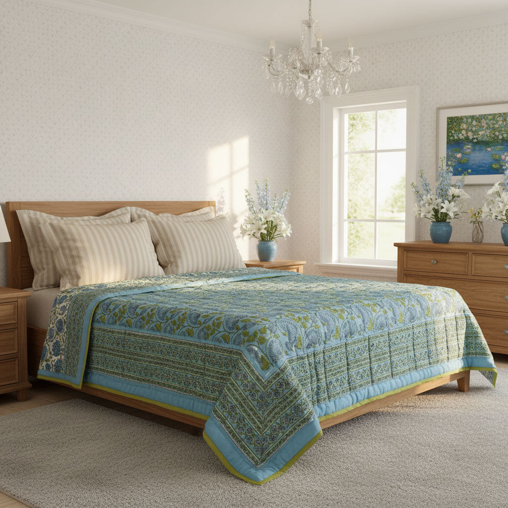 Jaipuri Razai With Natural Dyes Double | Kamal Aqua 205309