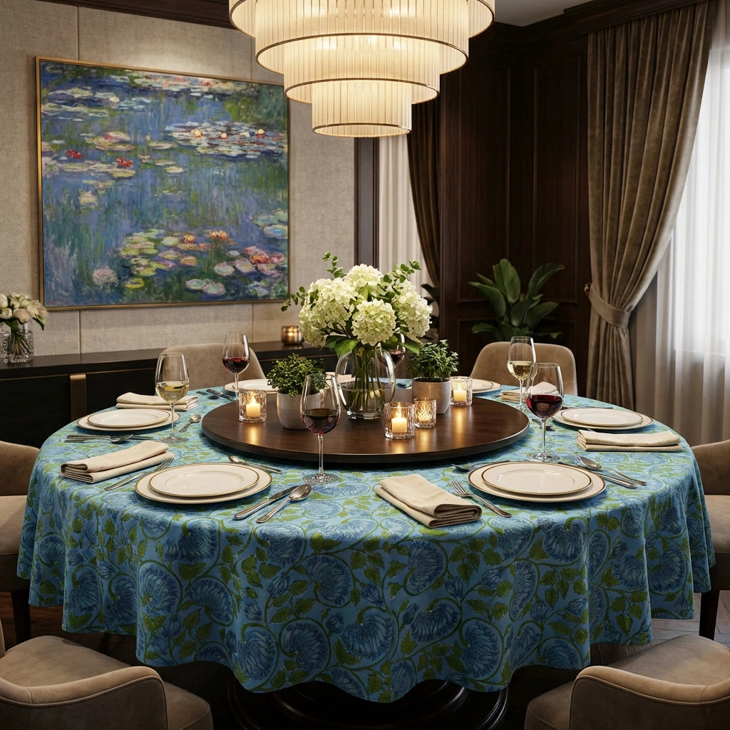 A round dining table covered with a blue and green floral tablecloth, set with white plates, folded napkins, wine glasses, and candles in a warmly lit dining room. A large impressionist water-lily painting hangs on the wall behind.