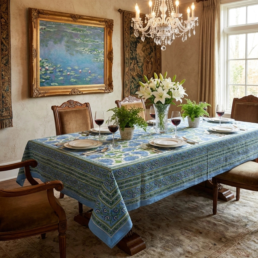 A blue and green patterned tablecloth with a matching border is draped over a dining table set with plates, wine glasses, and white lilies, in a decorated dining room with a chandelier and framed art.