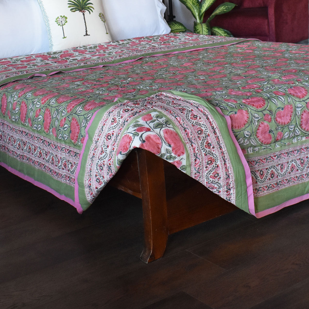 King Size Hand Block Printed Cotton Quilt | Kamal Gulabi 102210