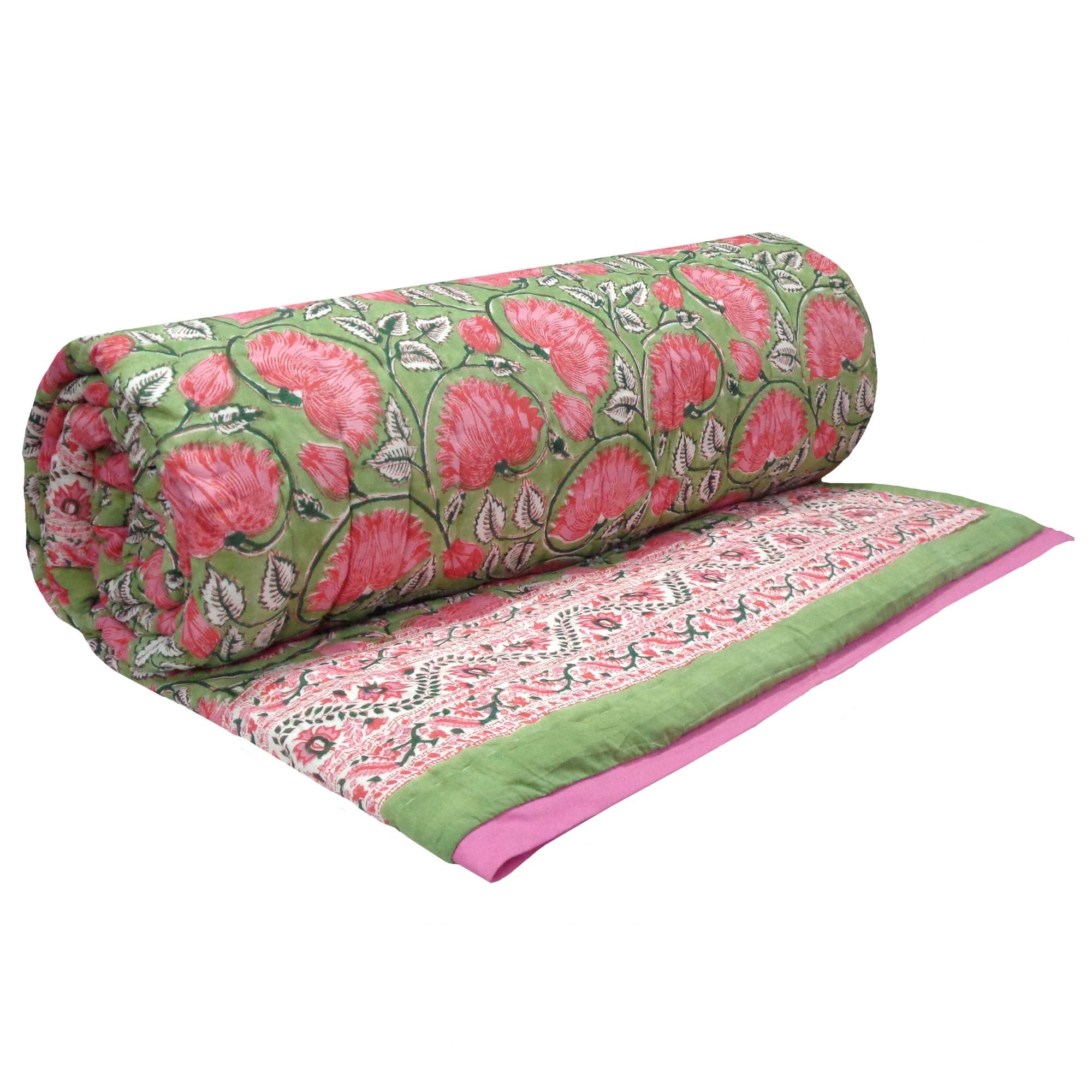 King Size Hand Block Printed Cotton Quilt | Kamal Gulabi 102210